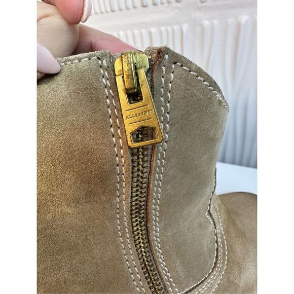 NWT All Saints carlotta suede heeled side zip ankle boots in sand - Picture 9 of 16